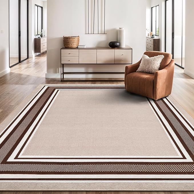 Beverly Rug Non Slip Area Rugs 5x7 Modern Bordered Non Skid Rubber Backing Soft Area Rug for Living Dining Room Easy to Clean Non Shedding Kitchen Bedroom Indoor Carpet 5 x 7 Beige-Brown