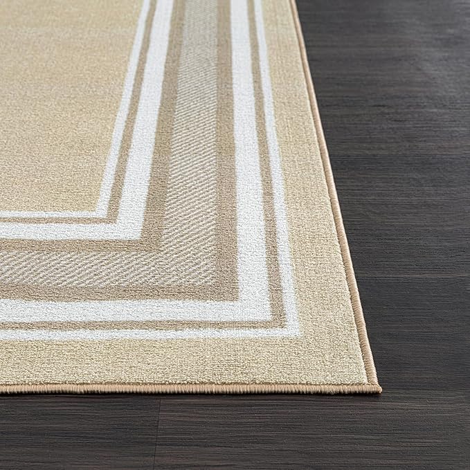 Beverly Rug Non Slip Area Rugs 3x3 Modern Bordered Non Skid Rubber Backing Soft Area Rug for Living Dining Room Easy to Clean Non Shedding Kitchen Bedroom Indoor Carpet 3 x 3 Beige