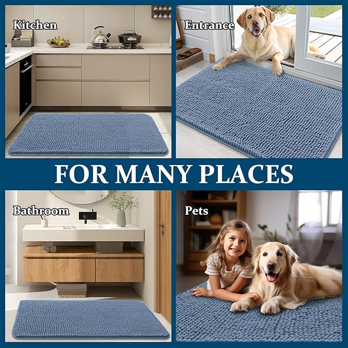 OLANLY Dog Door Mat for Muddy Paws 40x24, Absorbs Moisture and Dirt, Absorbent Non-Slip Washable Doormat, Quick Dry Chenille Mud Mat for Dogs, Entry Indoor Entryway Carpet for Inside Floor, Airy Blue