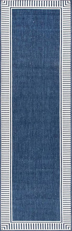 Nuloom Asha Navy/Ivory, 2' x 10', Casual, Striped Border, Soft and Cozy, High Traffic, Stain Resistant, Easy Clean, Durable Runner for Indoor/Outdoor Patio, Deck, Porch, Garden, Courtyard