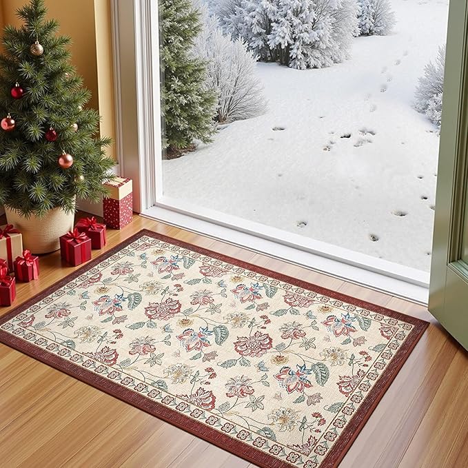 jinchan Elora 2x3 Floral Rug for Entryway Washable Kitchen Rug Vintage Romance Design Small Mat Non Slip Indoor Doormat Lightweight Low-Profile Throw Carpet for Entrance Laundry Room, Red/Beige