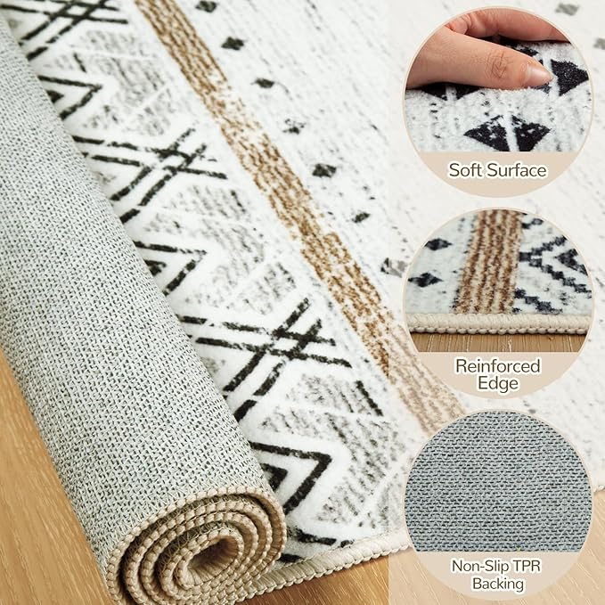 BESTSWEETIE 2x10 Area Rugs for Living Room Washable Moroccan Farmhouse Neutral Geometric Low Pile Non-Slip Soft Print Pattern Rug for Bedroom Kitchen Dining Room Entryway Black/Brown
