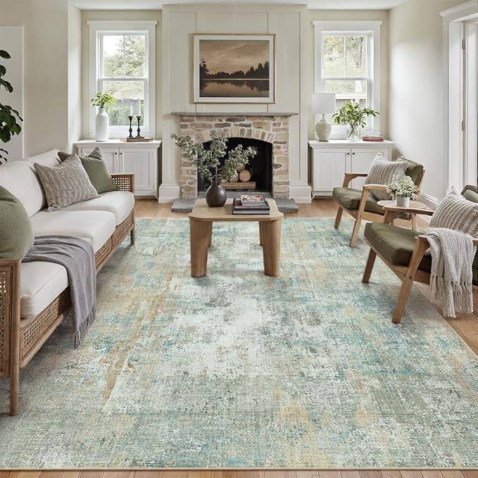 8x10 Washable Area Rug Teal Beige Abstract Living Room Bedroom Carpet Neutral Modern Non-Slip Soft Low Pile Lightweight Vacuumable Large Throw Rug for Dining Room