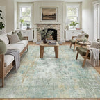 8x10 Washable Area Rug Teal Beige Abstract Living Room Bedroom Carpet Neutral Modern Non-Slip Soft Low Pile Lightweight Vacuumable Large Throw Rug for Dining Room