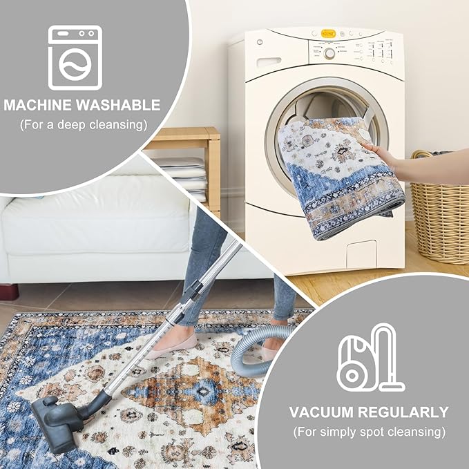 COMSLE Boho Runner Rug, 2' x 8' Washable Area Rugs for Hallway Faux Wool Small Kitchen Distressed Throw Rug Non-Slip Laundry Room Carpet Runner for Entryway Indoor Door Mat Bedroom