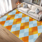 Washable 5x5 Diamond Rug Living Room, Geometric Orange and Blue Plaid Design Area Rugs for Bedroom, Diamond Home Decor Carpet, Low Pile, Non Slip, Kids & Pet Friendly (N4140)