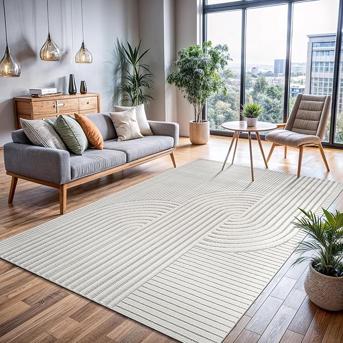CAMILSON Modern Rug 9x12 Luxury Swirl Curved Large Micro Loop Area Rugs Soft High-Low Pile Stain Resistant Easy to Clean Non-Shedding Durable Living Room Kitchen Indoor Carpet (White)