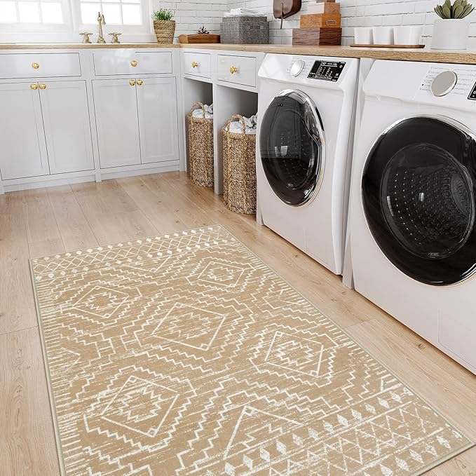 Wonnitar Moroccan Washable Area Rug 4x6, Non-Slip Rugs for Living Room, Boho Bedroom Throw Mat, Geometric Low Pile Floor Carpet for Home Office Mudroom Kitchen (Kakhi,4'x6')