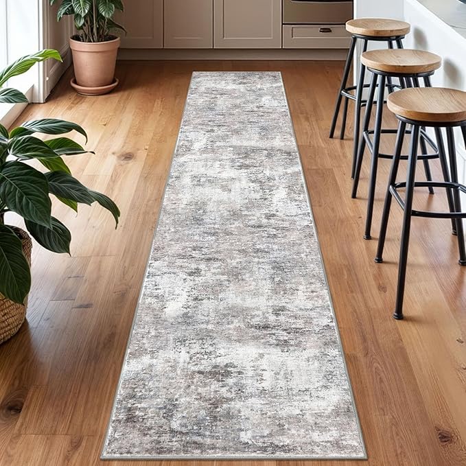 Modern Abstract Runner Rug 2x10, Beige Grey Neutral Washable Long Kitchen Runner Non-Slip Soft Hallway Rug Runner Thin Print Faux Wool Carpet for Entryway Bedroom Laundry Room Indoor