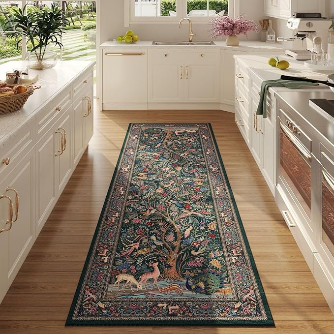 Rugcomf Runner Rug 2x6 Vibrant Tree of Life-Patterned Vintage Kitchen Rugs Non Slip Washable Soft Carpet Runner for Laundry Bedroom Bathroom, Green
