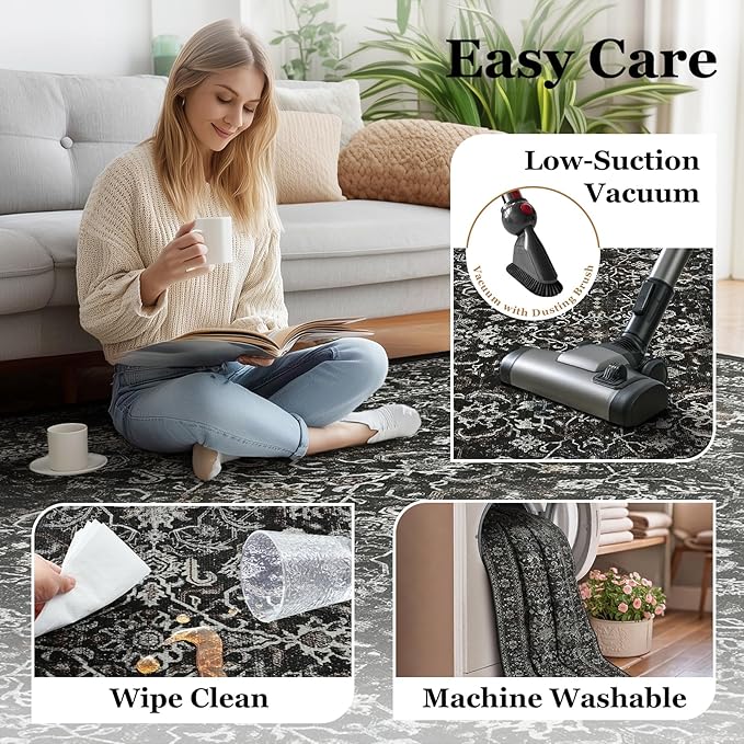 Charcoal Black Area Rug 6x9, Vintage Earth Tone Dark Rugs for Living Room Bedroom, Washable Non Slip Low Pile Thin Carpet Rug for Dining Room Guest Room Home Office