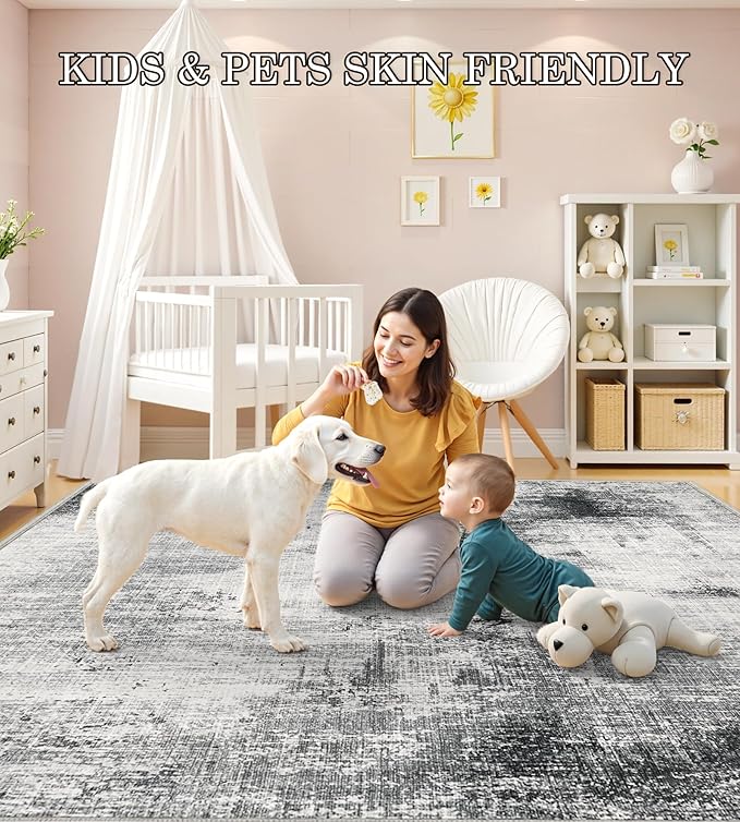 6x9 Washable Area Rugs - Modern Abstract Rugs for Living Room Non-Slip Low Pile Soft Machine Washable Carpet for Bedroom, Dining Room, Nursery, Home Office, Farmhouse (6'x9' Dark Grey)