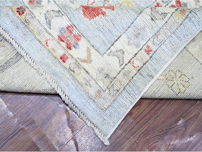 Steel Gray Pure Wool Hand Knotted Afghan Angora Oushak with All Over Pattern Natural Dyes Squarish Oriental Rug (11'9"x14')