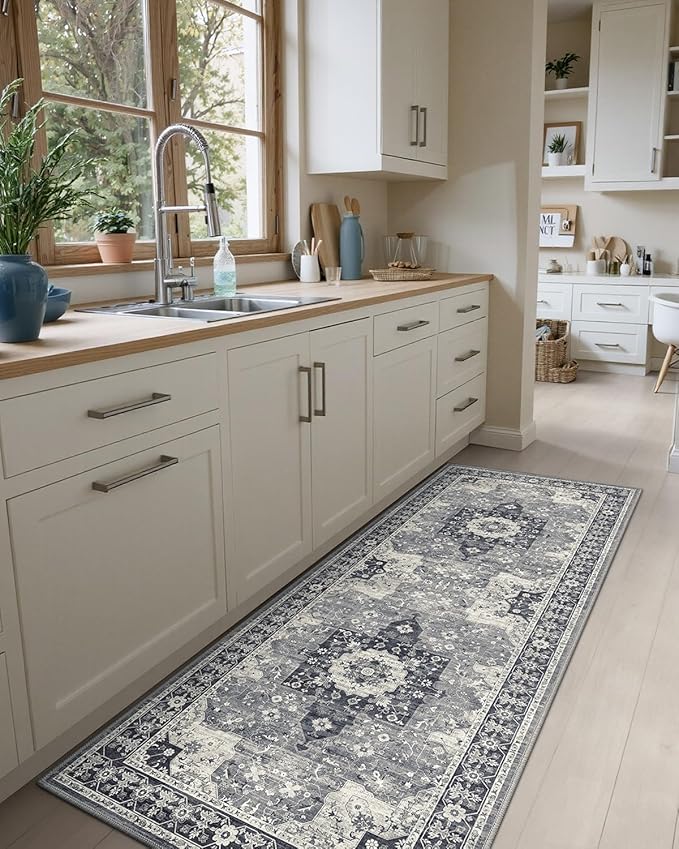 DEXI Hallway Runner Rug 3x10, Distressed Non Slip Runners Carpet, Boho Vintage Soft Thin Indoor Rug, Stain Resistant Washable Entry Mat for Entryway Kitchen Laundry Room Living Room, Blue Grey