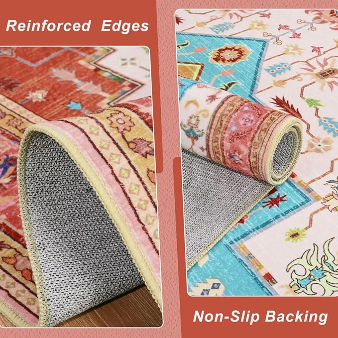 4x6 Orange Pink Area Rug for Living Room, Machine Washable Rugs with Non-Slip Backing for Bedroom, Vintage Medallion Carpet Kitchen Laundry Kids Room Decor
