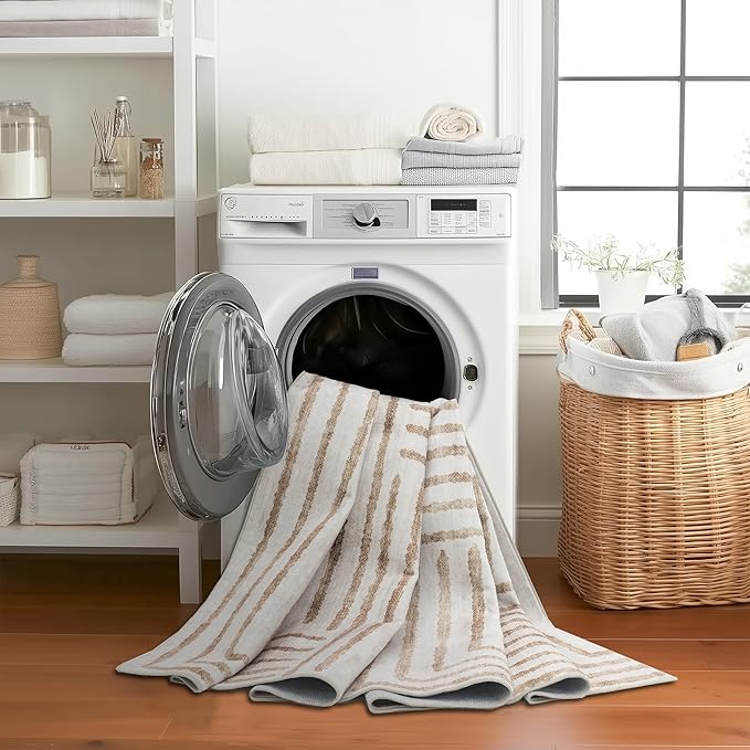 ReaLife Rugs Machine Washable Area Rug Runner - Living Room Bedroom Bathroom Kitchen Entryway Office - Non-Slip Baking Low Pile Stain Resistant Premium - Modern Geometric - Finn - Beige 2'6" x 8'