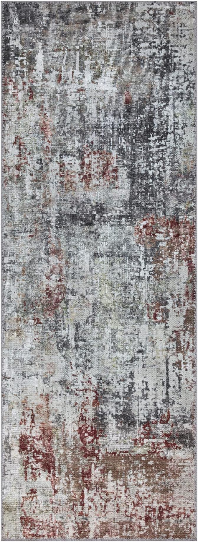 Bloom Rugs Washable Non-Slip 10 ft Runner - Gray/Red/Brown Modern Abstract Runner for Entryway, Hallway, Bathroom, and Kitchen - Exact Size: 2.5' x 10'