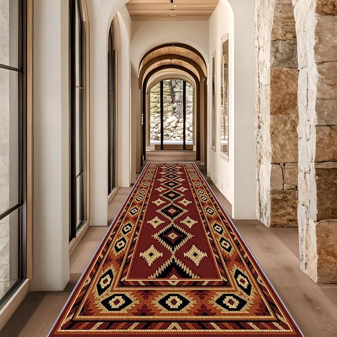 Burgundy Diamond Runner Rug, 3x10ft Hallway Runner Rugs - Corridor & Foyer Area Rugs, Non-Slip Mat Durable Rug, Washable Flannel Material, Southwestern Geometric Home Decor Carpet