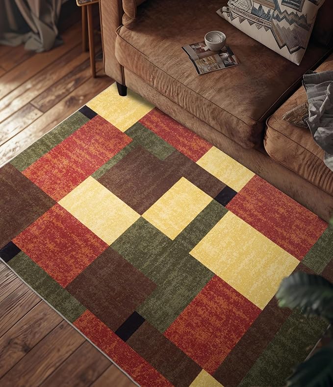 YIHOUSE Red and Green Rug 5x7, Burgundy Farmhouse Vintage Rugs Washable for Living Room,Burnt Orange Area Rug Non Slip,Geometric Boho Area Rug for Kitchen,Dining Room,Bedroom