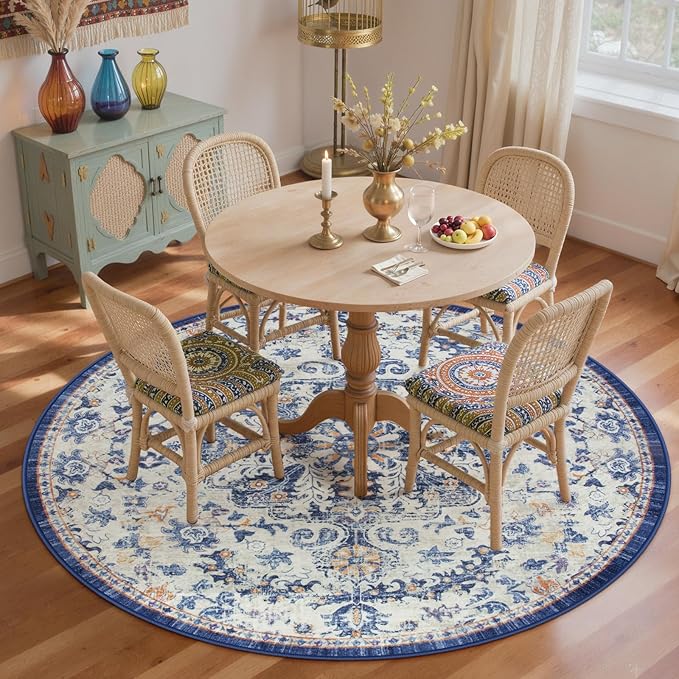 Lahome Round Rug 5'3"Ft, Large Washable Dining Room Round Area Rug Soft Kitchen Circle Rug, Bohemian Non-Slip Non-Shedding Printed Indoor Carpet for Bedroom Entryway Bathroom, Blue Purple/Multi