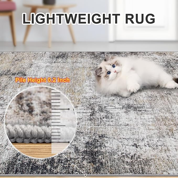Area Rugs Living Room Rug - 4x6 Washable Modern Abstract Soft Neutral Non-Slip Carpet Large Indoor Floor Thin Carpets for Bedroom Dining Room Farmhouse Nursery Home Office Brown Black Grey