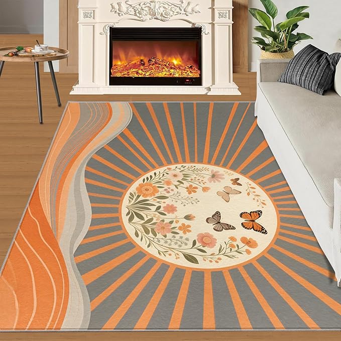 Boho Sun Area Rugs 5x8ft, Minimalist Line Living Room Carpet, Geometric Solar Decorative Carpet Protect Floor for Bedroom Men Office Hardwood Floors