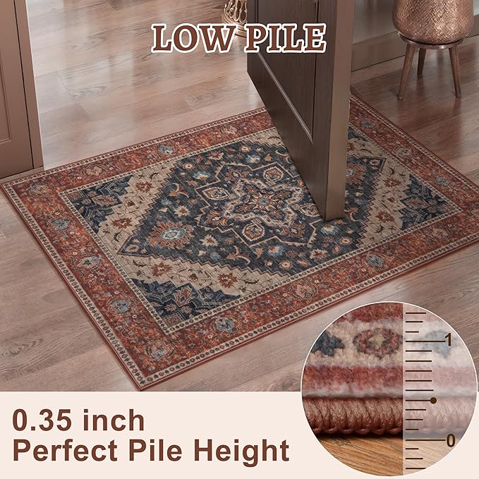 Tangsoo 2x3 Washable Rug for Entryway, Vintage Non Slip Small Area Rug, Indoor Front Door Rug, Print Door Mat Small Carpet, Soft Low Pile Rugs for Entrance Kitchen Bedroom Dark Blue/Orange