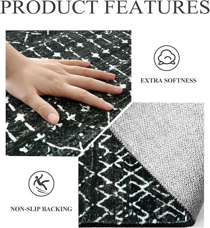 Lahome Moroccan Runner Rugs for Hallway 2x10, Long Kitchen Rugs Runner Washable Ultra-Thin Non Slip Carpet, Soft Modern Geometric Print Carpet for Entryway Stair (Black, 2'x10')