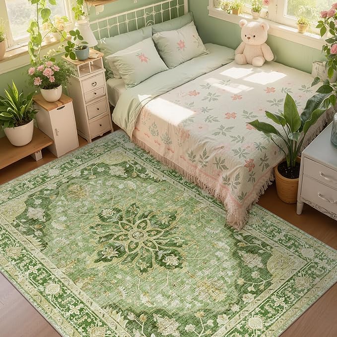 Area Rugs 8'x10' Washable Non-Slip, Floral Vintage Distress Print Pattern Medallion Carpet for Living Room Bedroom Dining Room, Sage Green Yellow
