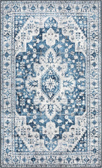 Moynesa Ultra-Thin Washable Vintage Area Rug - 4x6 Living Room Rug for Bedroom Office, Low Pile Non Slip Oriental Laundry Bathroom Mat Indoor Floor Carpet for Entrance Kitchen Mudroom