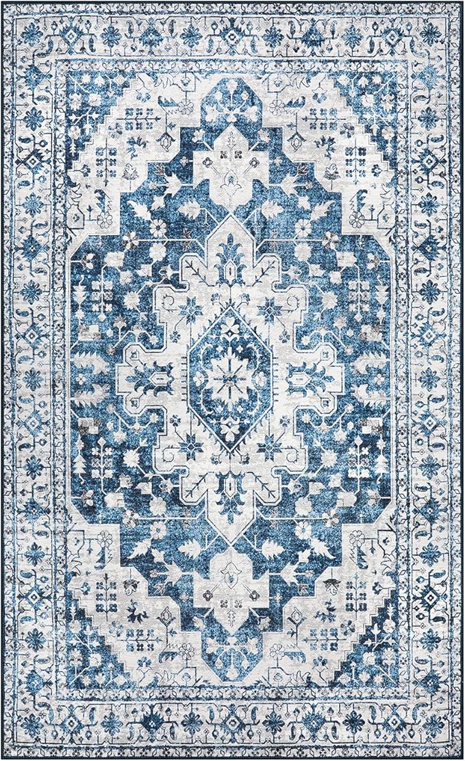 Moynesa Ultra-Thin Washable Vintage Area Rug - 4x6 Living Room Rug for Bedroom Office, Low Pile Non Slip Oriental Laundry Bathroom Mat Indoor Floor Carpet for Entrance Kitchen Mudroom