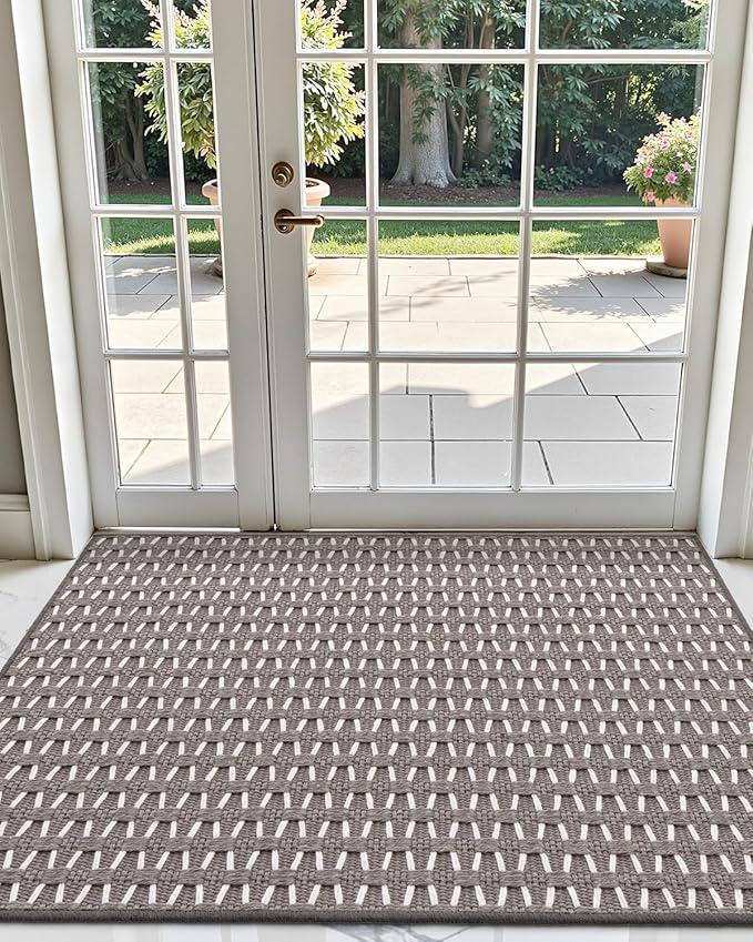 LUMI Handwoven Indoor Door Mat 32"x47", Non-Slip Low Profile Checkered Inside Doormat, Comfort Weave Grid Pattern Floor Mats, Taupe