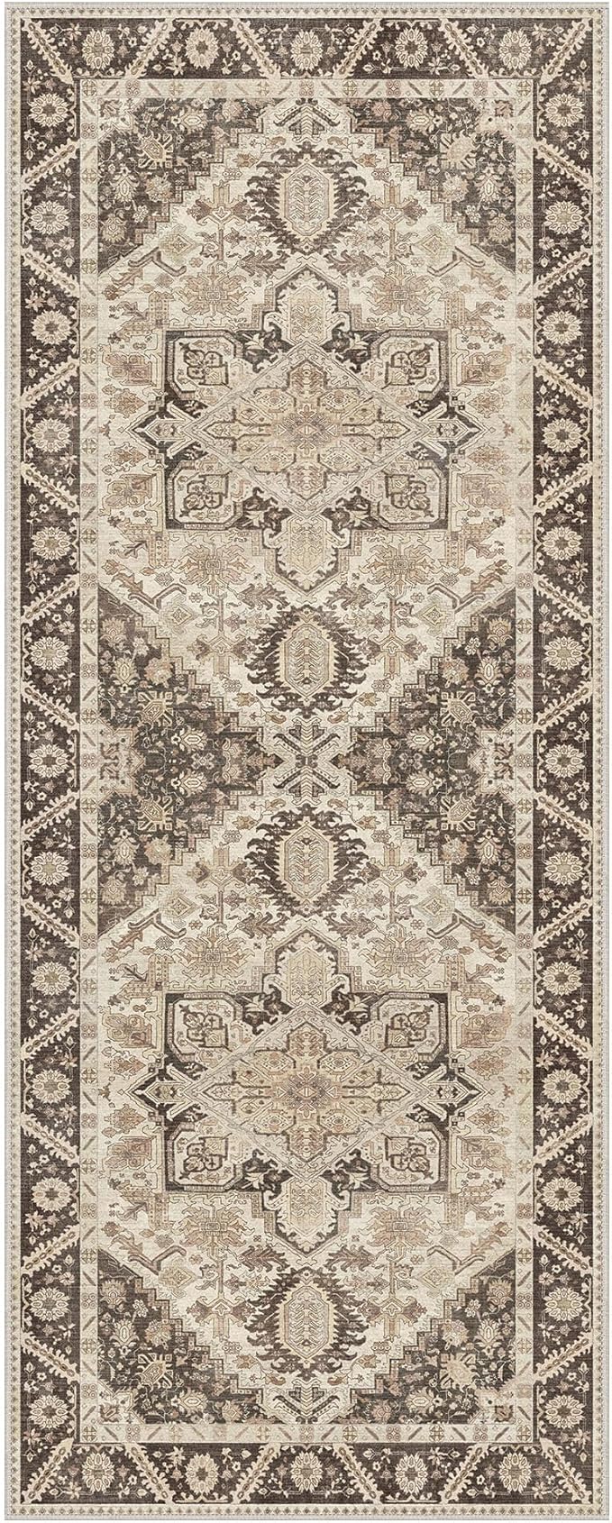 2x5 Runner Rug Machine Washable Boho Runners for Hallway,Ultra-Thin Low Pile Rug,Lightweight Indoor Carpet,Non Slip Floral Runners for Enrtyway, Corridor, Home Office, Kitchen,Brown