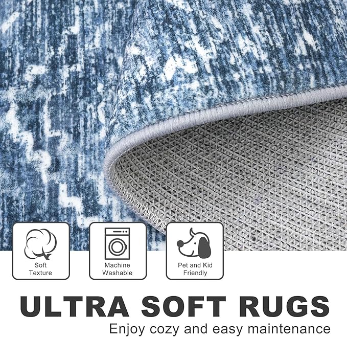 KILOCOCO Living Room Rug 6x9 Area Rug Printed Boho Washable Bedroom Rugs Non Slip Soft Large Moroccan Indoor Rugs for Dining Room Office Farmhouse Geometric Carpet, Stonewashed Blue