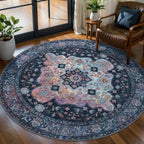 Tangsoo Vintage Round Rug 4ft Washable Circle Rug, Non Slip Small Boho Round Rug, Low Pile Circular Rugs, Round Carpet for Bedroom,Entryway,Nursery,Dorm,Kitchen,Taupe