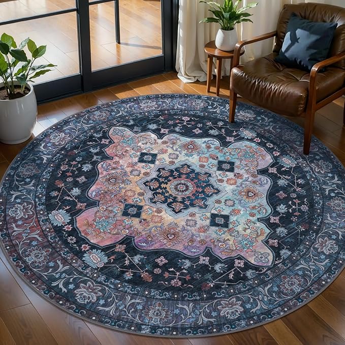 Tangsoo Vintage Round Rug 5ft, Washable Circle Rug, Non Slip Boho Round Area Rug, Low Pile Circular Rugs, Round Carpet for Bedroom,Livingroom,Nursery,Dorm,Office,Taupe