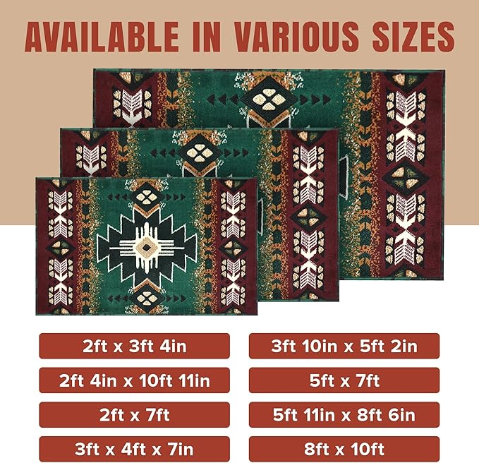 YHSF South West Native American Area Rug C318 - Easy Clean, Thick, Soft, Durable Native Tribal American Indian Inspired Rug for Bedroom/Living Room and More - Hunter Green, 2 Feet x 3 Feet 4 Inches