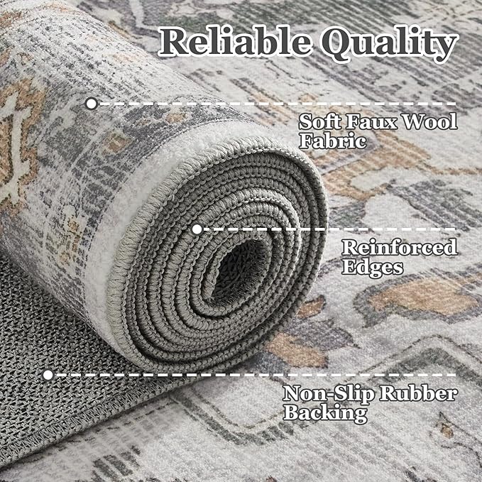 Large Farmhouse Area Rugs 9x12 for Living Room, Distressed Medallion Printed Big Carpet Rugs for Bedroom Under Bed, Washable Non Slip Low Pile Thin Rugs for Dining Room, Grey/Orange-Brown