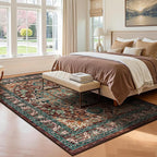 U'Artlines Christmas Boho Vintage Area Rug 5x7 Machine Washable Low Pile Ultra-Thin Soft Floor Carpet Non Slip Non Shedding Accent Rug for Living Room Bedroom Entryway Dining Room Office(Rust＆Teal)