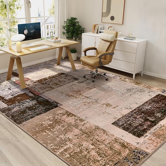 LOCHAS Rug for Living Room, Washable Soft Area Rugs for Bedroom 8x10, Abstract Carpet for Office Kids Dining Room Nursery Floor, Brown Pink Geometric Vintage Home Decor, Non Slip, Pet Child Friendly