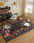 Boho Washable Area Rug 4x6 – Floral Low Pile Non-Slip Carpet for Living Room, Bedroom, Office, Playroom, Entryway, Kitchen, Dining Room (Black)