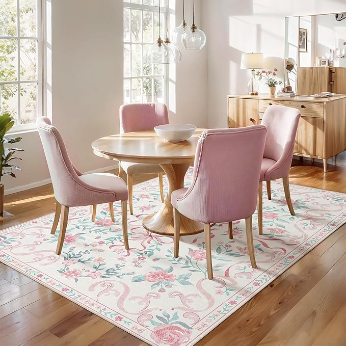 Pink Rug Bow Floral Rug for Girls, 5x7 Washable Area Rugs for Bedroom Living Room, Kitchen,Dining Room,Kids Room, Playroom, Cute Ultra-Thin Non Slip Low Pile Indoor Carpet