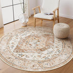 Lahome Boho Round Rugs - 4Ft Washable Non-Slip Small Round Area Rug Throw Lightweight Round Nursery Carpet Kids，Oriental Distressed Print Kitchen Mat for Bedroom Entryway Bathroom Living Room