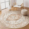 Lahome Boho Round Rug - 3Ft Washable Area Rug, Non-Slip Small Bathroom Rug, Lightweight Bedroom Throw, Oriental Distressed Print Carpet for Entryway, Sofa, Nursery, Kids Room