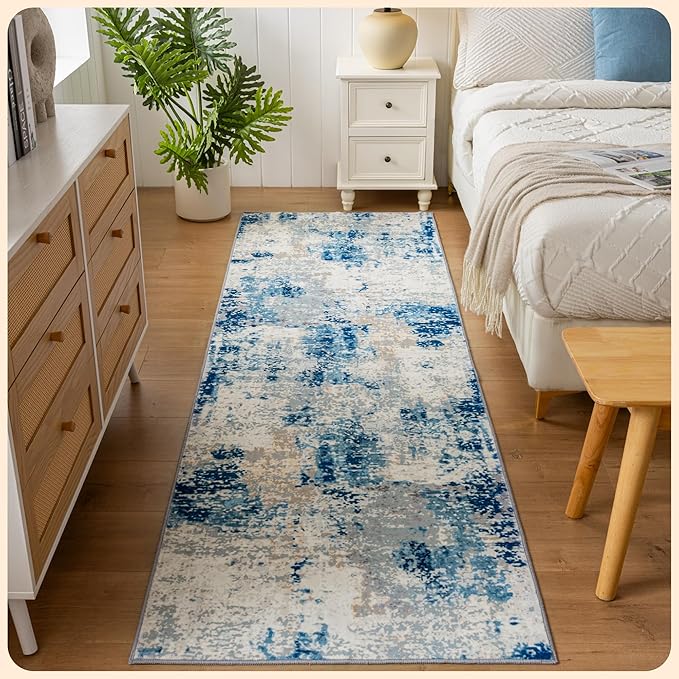 Istana Hallway Runner Rug 2.5x8 - Blue/Ivory Kitchen Rugs Non Slip Washable -Silk's Soft Touch Carpet Runner - Stylish Rugs for Home