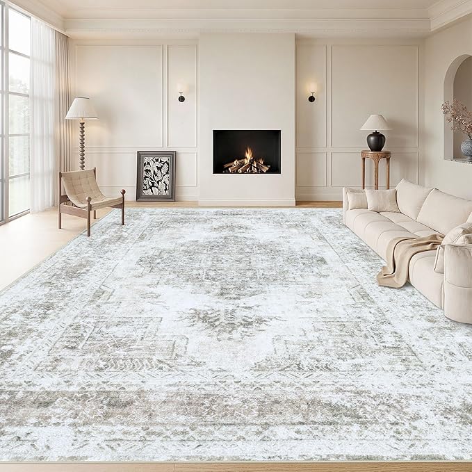 Area Rug 10x14 Living Room Rugs, Machine Washable Vintage Distressed Medallion Rug Non-Slip Soft Low Pile Large Indoor Rugs for Bedroom Kitchen Dining Room Office(Taupe,10'x14')