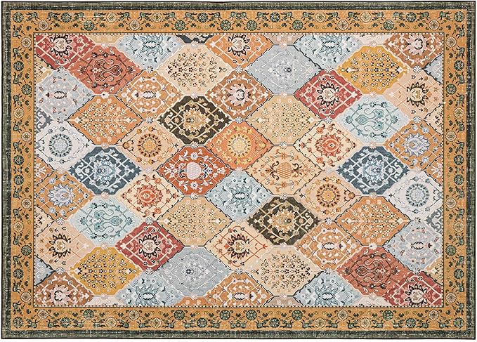 Phantoscope Washable Area Rug 5'x7' Non-Slip, Vintage Boho Rugs for Living Room, Bedroom, Dining Room, Distressed Moroccan Mosaic Diamond Pattern, Low-Pile Foldable Floor Carpet, Terracotta/Rust