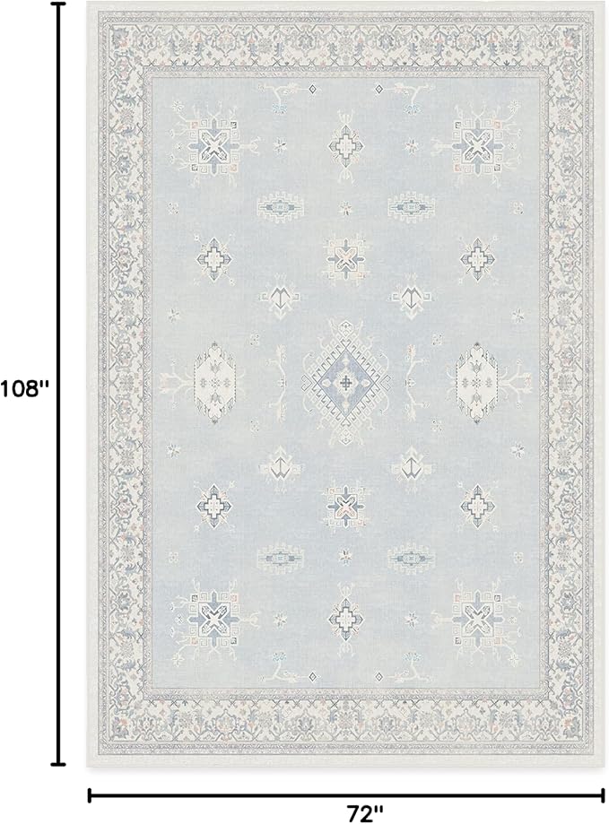 RUGGABLE Washable Vintage Area Rug – Verena Soft Blue 6x9, Stain-Resistant, Non-Slip – Medium Machine Washable Rugs for Living Room, Bedroom, Hallway, Entryway & Office–with Standard Pad