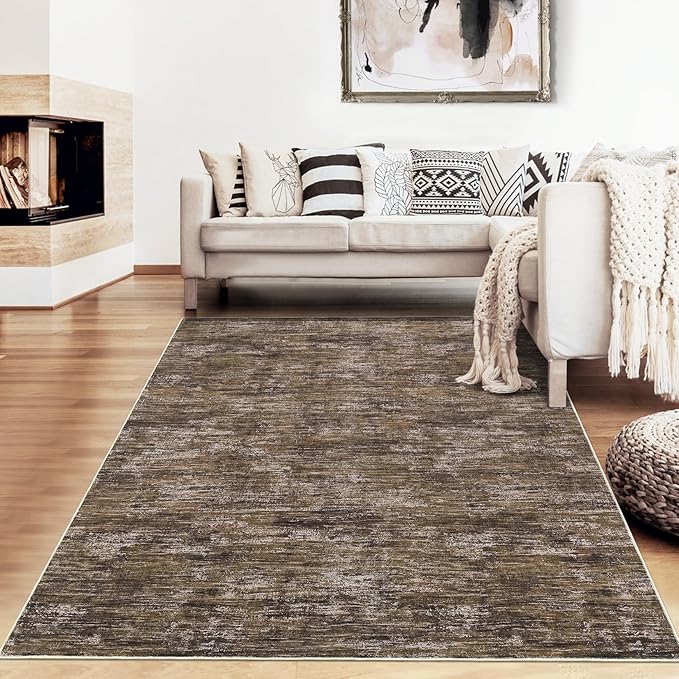 RUGSREAL 8x10 Washable Rug for Living Room Non-Slip Modern Abstract Area Rug Stain Resistant Large Bedroom Rug Contemporary Accent Throw Floor Carpet Solid Rug for Dining Room Home Decor, Brown