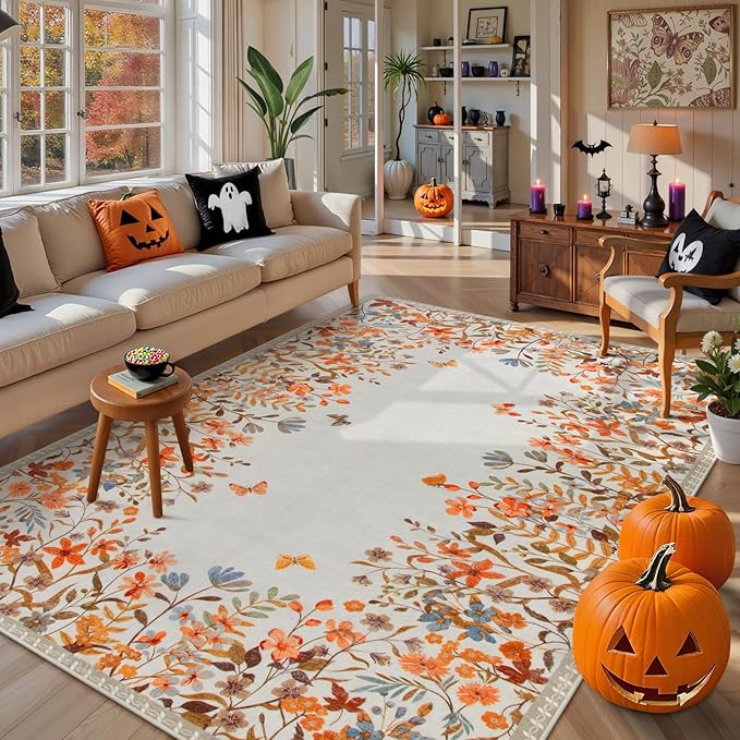 Wonnitar Fall Washable 8x10 Rug for Living Room, Soft Halloween Rug Floral Area Rug for Bedroom, Non Slip Dining Room Botanical Floor Carpet for Kids Nursery Playroom Guest Room (Orange,8'x10')